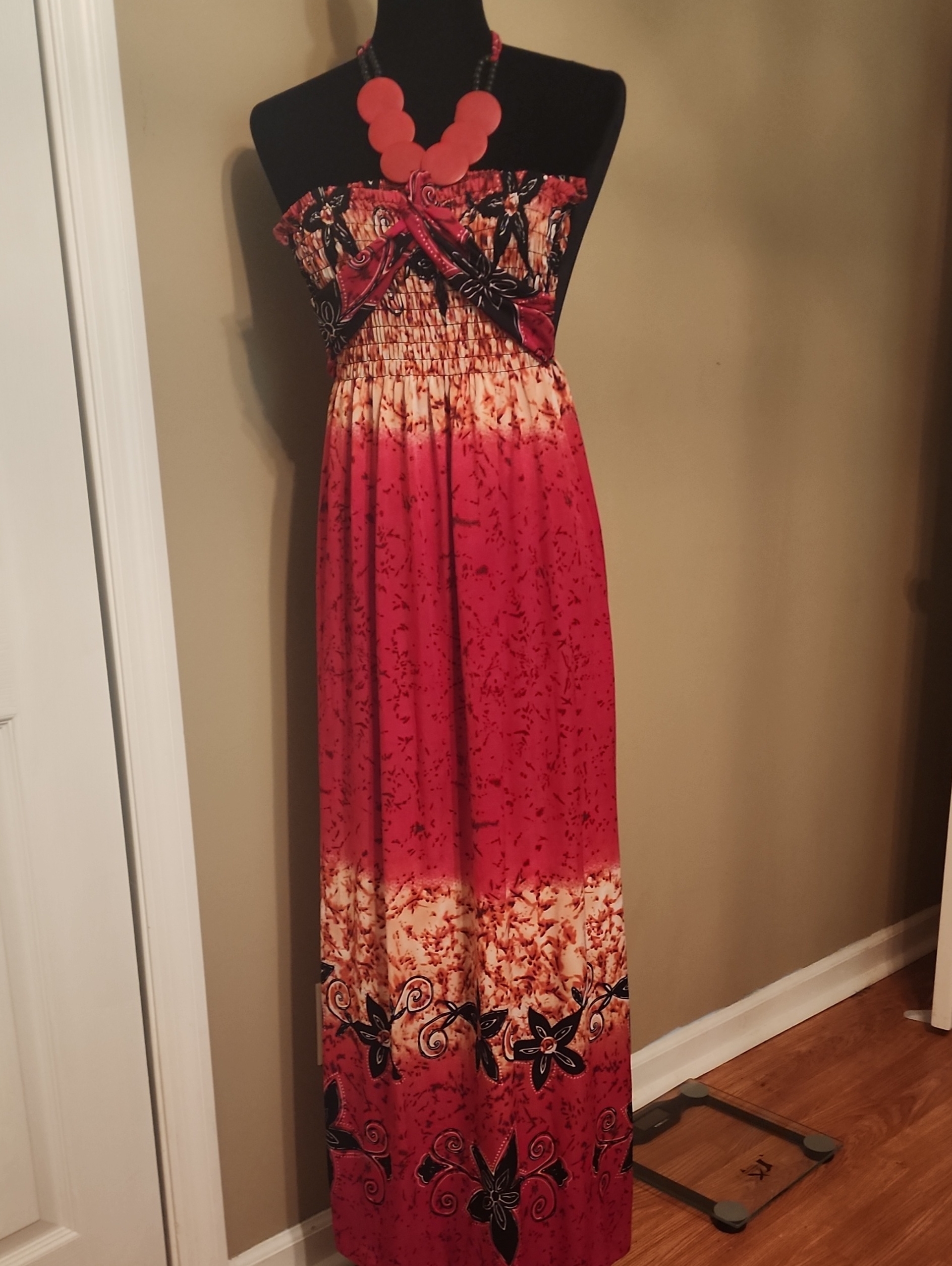 Red Floral Strapless Maxi Dress